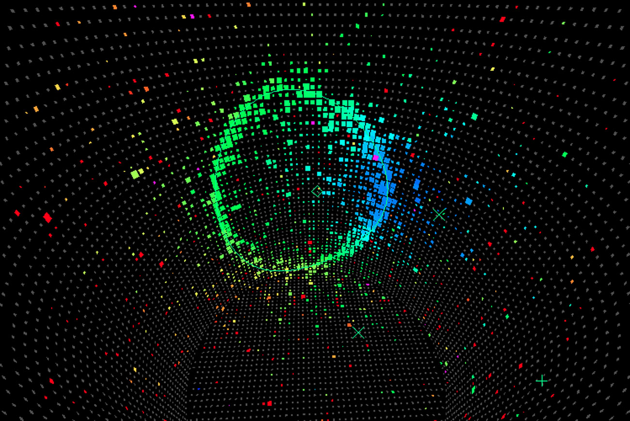 A neutrino passing through the Super-Kamiokande experiment creates a telltale light pattern on the detector walls.